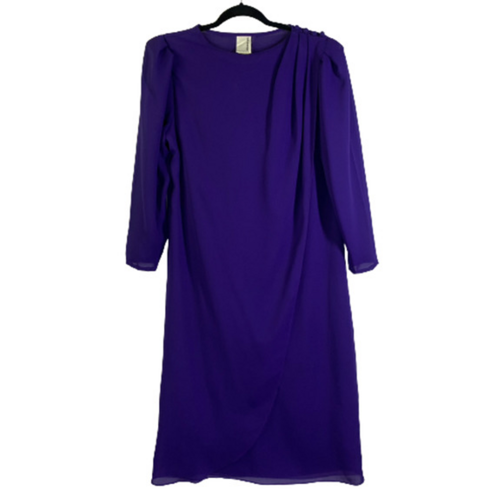 JOY STEVENS Vintage Purple Chiffon Long Sleeve Midi‎ Sheath Dress
